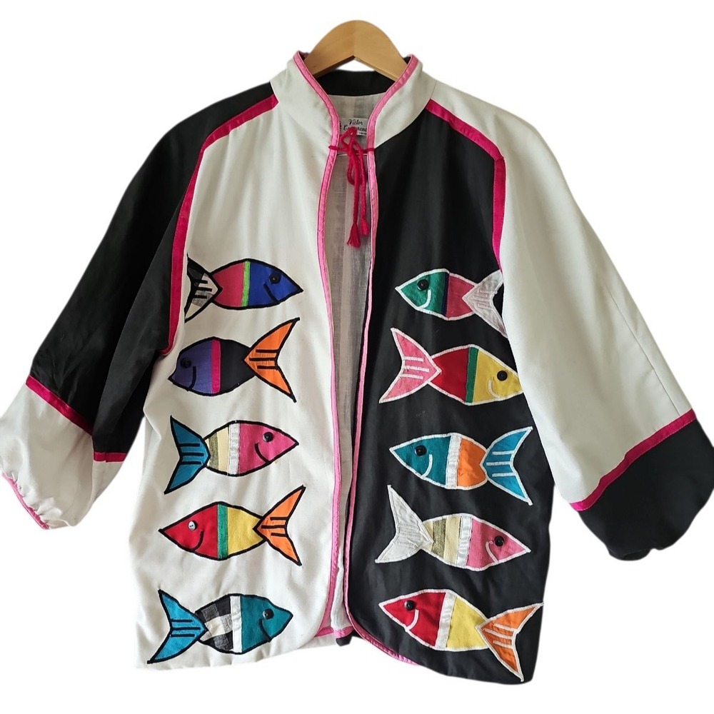 VTG 80s Victor Camarena Colorful Fish Art Jacket Women's M Embroidered Patchwork